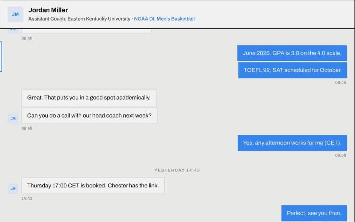 A TASG message thread between an athlete and a college coach