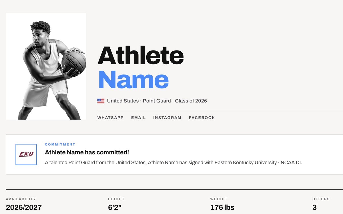 A finished TASG athlete profile showing a commitment to Eastern Kentucky University